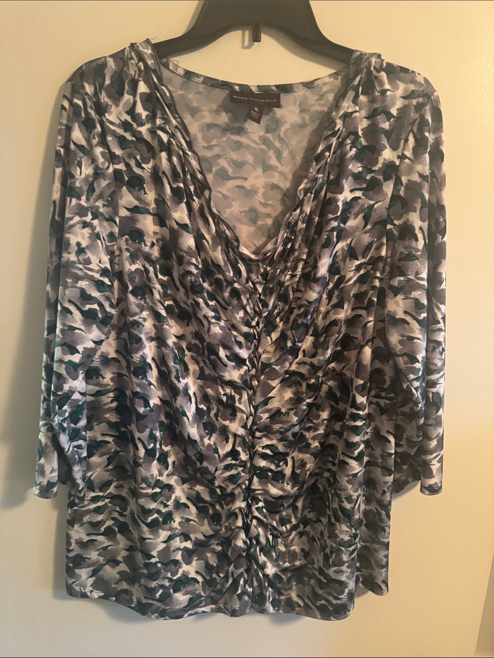 Dana Buchman Ruched V-Neck Printed Blouse in Teal and Gray